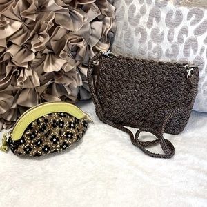 Miss Albright Embroidered Make Up Pouch Bag & Brown Yvettes Straw Crossbody Bag
